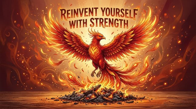 Mythical phoenix rising from ashes with fiery wings and text "Reinvent Yourself With Strength", symbolizing rebirth and resilience