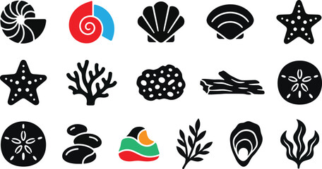 Sea shells, corals and underwater elements silhouette icon set vector illustration © MAHDIHASAN