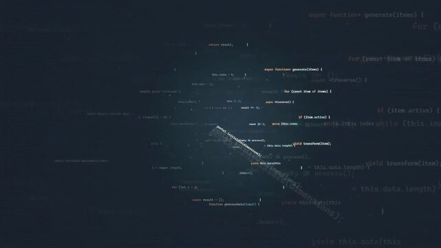 Abstract digital data stream with flowing computer code and programming syntax on dark background