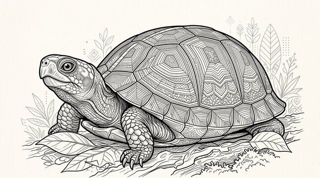 Hand-drawn turtle illustration in detailed line art. Minimalist reptile sketch for eco-friendly branding and wildlife designs.