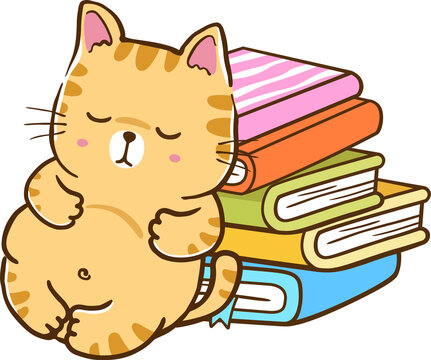Kawaii Cute Cat Sleeping on Stack of Books Cartoon Hand Drawn Illustration