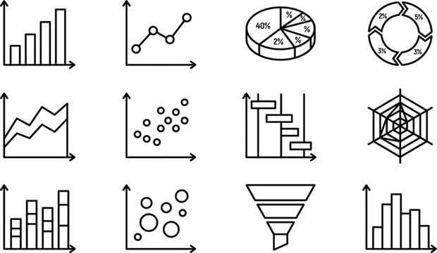 Business Data Analysis Infographic Chart Line Icon Set Featuring Bar Graph Pie Diagram Funnel Scatter Plot and Radar Statistics Elements for Corporate Financial Reports