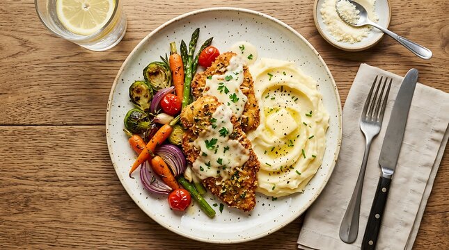 Grilled chicken breast with roasted vegetables and green sauce served on a round plate top view. chicken romano