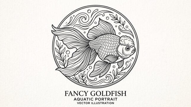 Fancy goldfish vector illustration in elegant circular frame. Ornamental koi fish line art design for branding and decor.