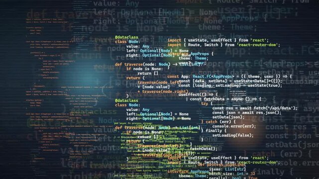 Abstract digital screen with scrolling computer code and programming data in a dark cyberspace
