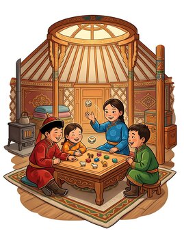 Mongolian children playing traditional shagai game inside a yurt