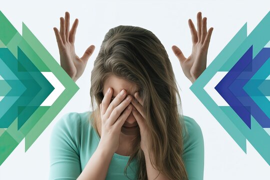 Young woman in despair with hands over face, plain white studio setting, directional arrows converging. Suitable for mental health, criticism, and decision visuals.