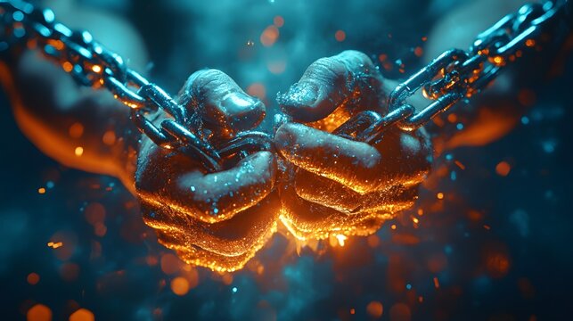 Close-up of powerful hands breaking heavy chains with sparks flying, symbolizing freedom, strength, and overcoming obstacles. Ideal for business resilience, corporate transformation or empowerment.