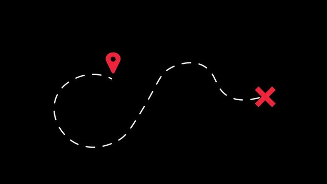 Animated Dotted Line Path Route from Red Location Pin to Destination X Mark on Alpha Channel