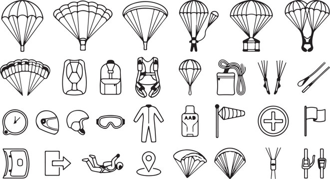 Paragliding icon set with equipment and symbols in black line art style