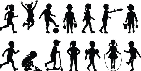 Obraz premium Children are depicted in various active poses and outdoor play activities as a collection of black silhouettes on a white background.