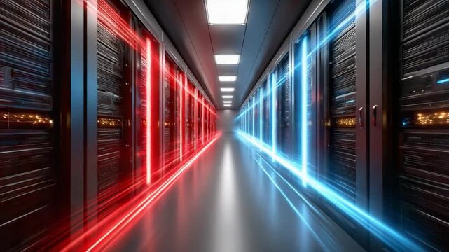 Data Center Hallway with Neon Lights: A futuristic perspective down a modern data center hallway, flanked by rows of server racks. Red and blue neon light beams create a dynamic visual flow.