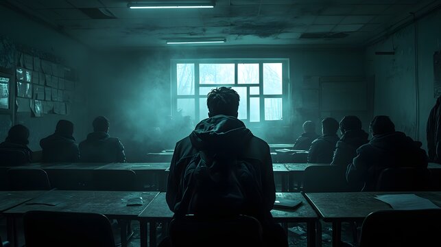 Dark classroom with student standing as teacher calls them out for being late classmates snicker embarrassment palpable dim lighting window glow desks chairs silhouettes academic tension school.