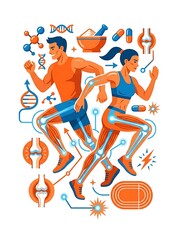 Obraz premium Athletic people running with scientific and medical health icons