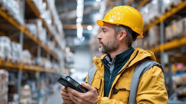 Warehouse Worker with Scanner: A focused warehouse worker, wearing a yellow hard hat and safety vest, holds a scanner while inspecting inventory in a large, well-organized warehouse.