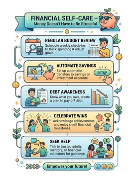 Financial self care infographic showing steps for money management