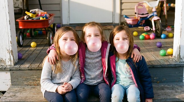 Three sisters blowing pink bubblegum bubbles together on porch