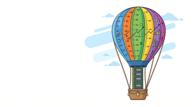 Colorful hot air balloon with financial charts and DRAM memory modules in its basket symbolizing growth and technology