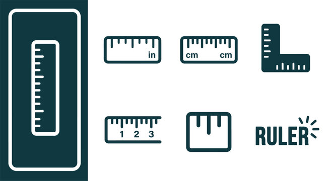 Minimalist dark teal ruler icon set with metric and imperial scales, L-square tool, and typography in flat vector style on white background for engineering and design apps.
