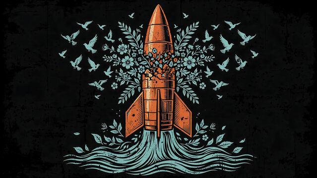 Surreal Illustration of an Orange Rocket Launching from Ocean Waves Surrounded by Teal Birds and Floral Elements on Black Background