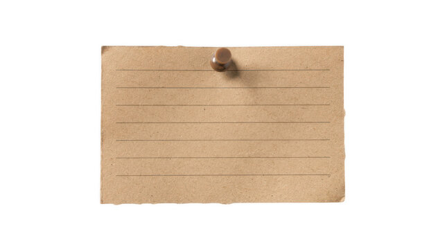 Brown paper note pinned with a metal push pin on white background isolated on transparent background