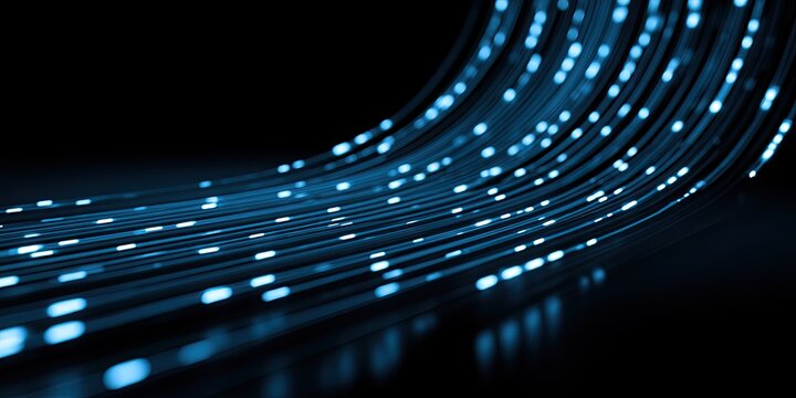 Glowing blue fiber optic cables curve into darkness with light pulses