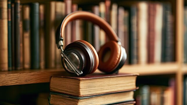 Headphones rest on stacked books in a cozy library, surrounded by shelves of old books