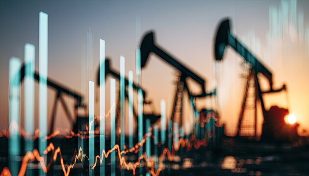 Oil pumps and stock charts overlay at sunset, symbolizing energy market fluctuations