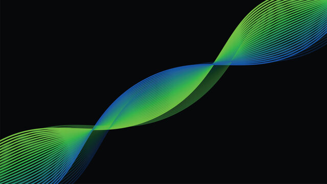 Abstract green and blue intertwining wave lines double helix pattern on black background modern digital art vector illustration