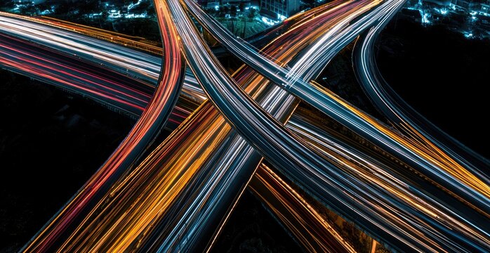 Streaking light trails from vehicles on a busy highway interchange at night