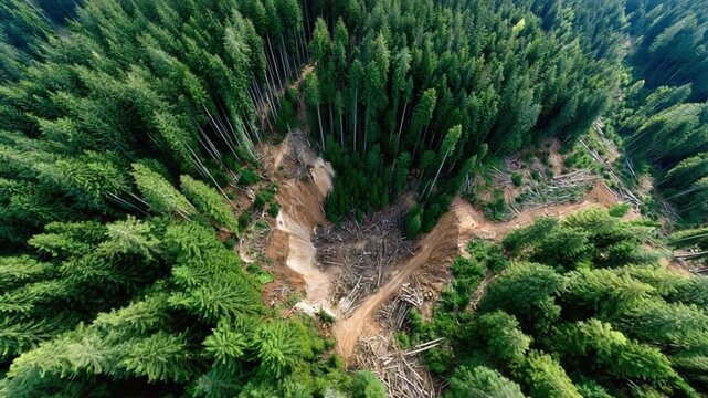 Deforestation in a Lush Forest: An aerial view reveals the stark impact of deforestation, with a large clearing of felled trees disrupting the dense green canopy of a pristine forest.