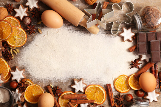 Christmas baking ingredients background with copy space for text