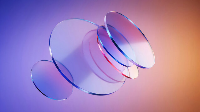 Layered floating translucent glass circles with colorful purple and orange light refraction three dimensional translucent refraction gradient abstract floating