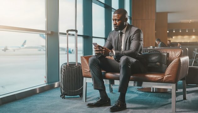 Man in suit carrying luggage at airport terminal