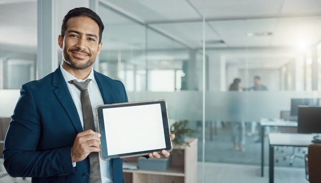 Man in suit holding tablet in office with large windows
