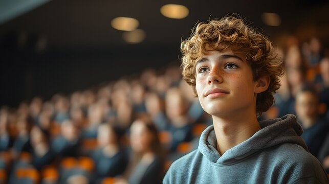 Student stands before audience during school assembly sharing personal story of bullying. Audience listens intently, expressions show empathy and guilt. Realistic classroom setting.