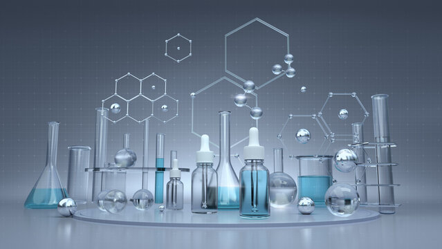 Cosmetic chemistry laboratory glassware equipment on bright background, 3D rendering