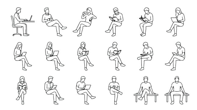 Minimalist line art people sitting, set of 18 vector icons showing men and women using laptops and reading, architectural scale figures for diagrams