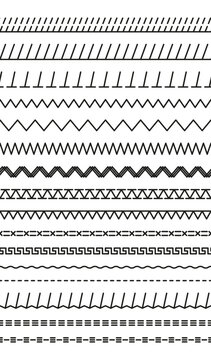Machine embroidery stitches. Set of seamless thread sew brushes. Overlock fabric elements. Vector sewing seams. Outline border isolated on white background. Simple graphic illustration.