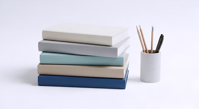 3D rendering of a stack of books next to a wooden pencil holder with office supplies on white background