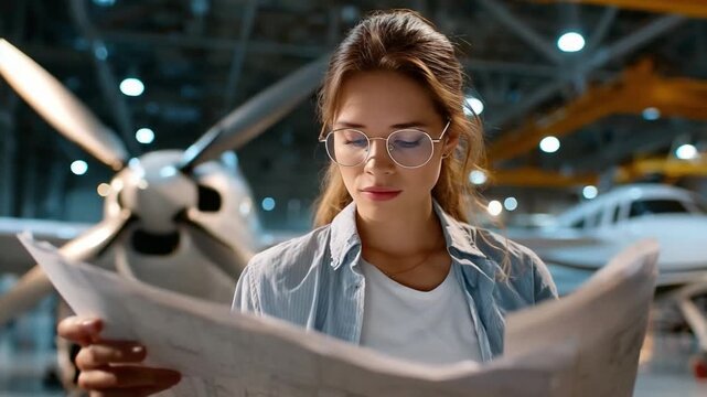 Aircraft Engineer Reviewing Plans: A focused female aircraft engineer with glasses meticulously examines blueprints in front of a small airplane in a hangar.