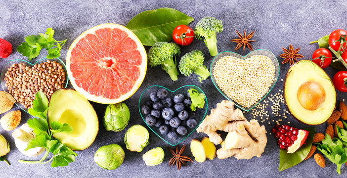 Healthy food selection for heart health with fruits vegetables and grains