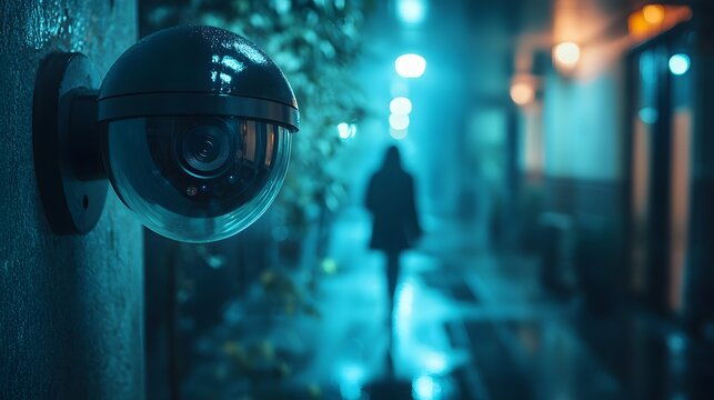 Security camera footage captures a thief in motion during nighttime street robbery. Urgent, cinematic, blue-toned urban surveillance scene with blurred background and focused lens.
