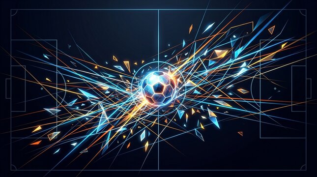 Glowing soccer ball exploding with energetic light streaks and shattering particles over tactical field diagram representing sports strategy and athletic performance