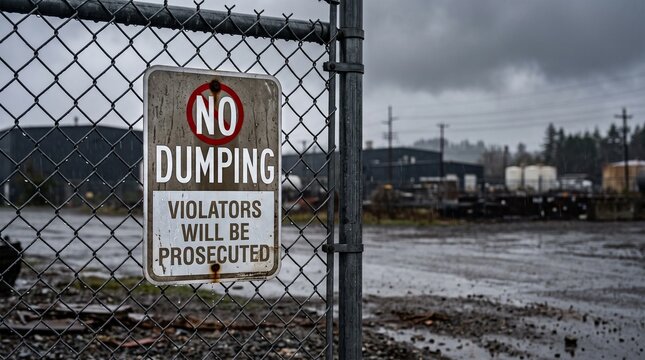 Weathered no dumping violators will be prosecuted warning sign mounted on a wire chain link fence in a gloomy industrial area on a rainy day