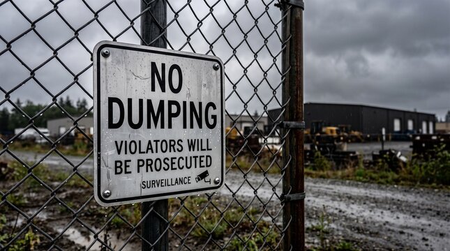 No dumping warning sign mounted on a rusty chain link fence in an industrial yard with a warehouse under an overcast sky