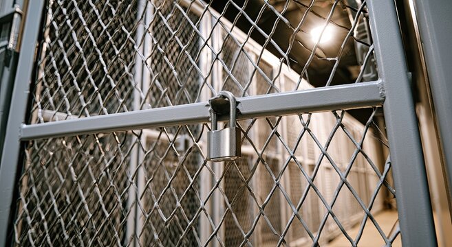 A metal padlock secures a chain-link gate, implying restriction or containment