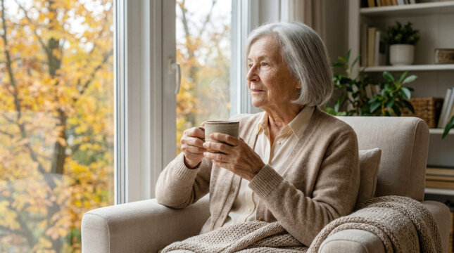 Senior woman drinking hot tea by rainy autumn window representing comfort aging and peaceful retirement