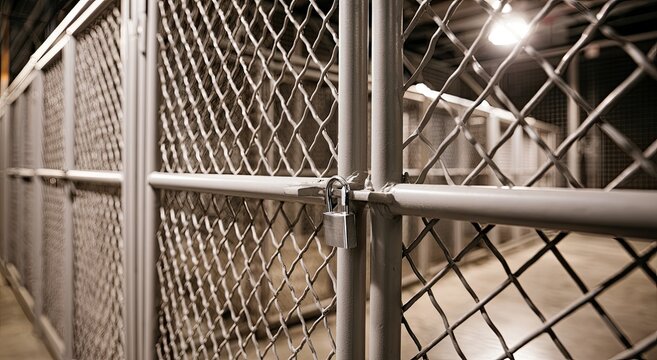 Locked storage units with metal mesh and security padlocks