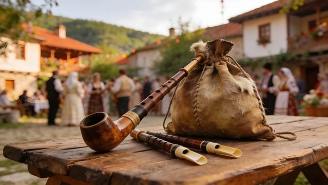Traditional Bosnian diple droneless bagpipe on rustic table, village celebration setting, double chanter folk instrument